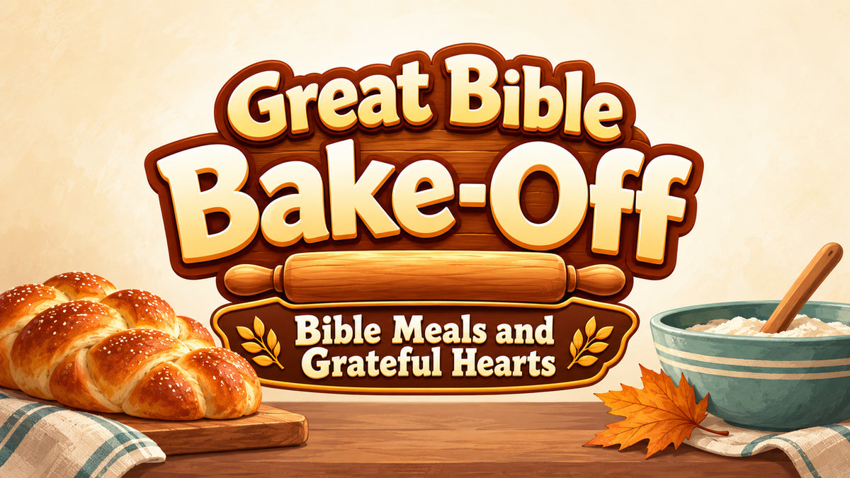Bible Bake Off 5-week Thanksgiving children's ministry curriculum title graphic: Bible Meals and Grateful Hearts
