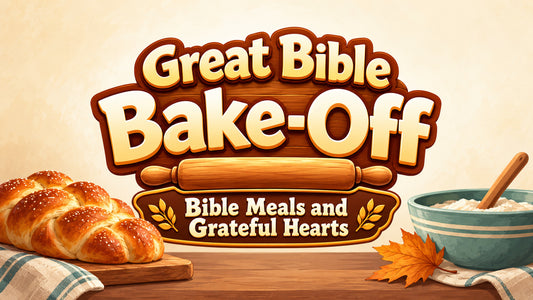 Bible Bake Off 5-week Thanksgiving children's ministry curriculum title graphic: Bible Meals and Grateful Hearts