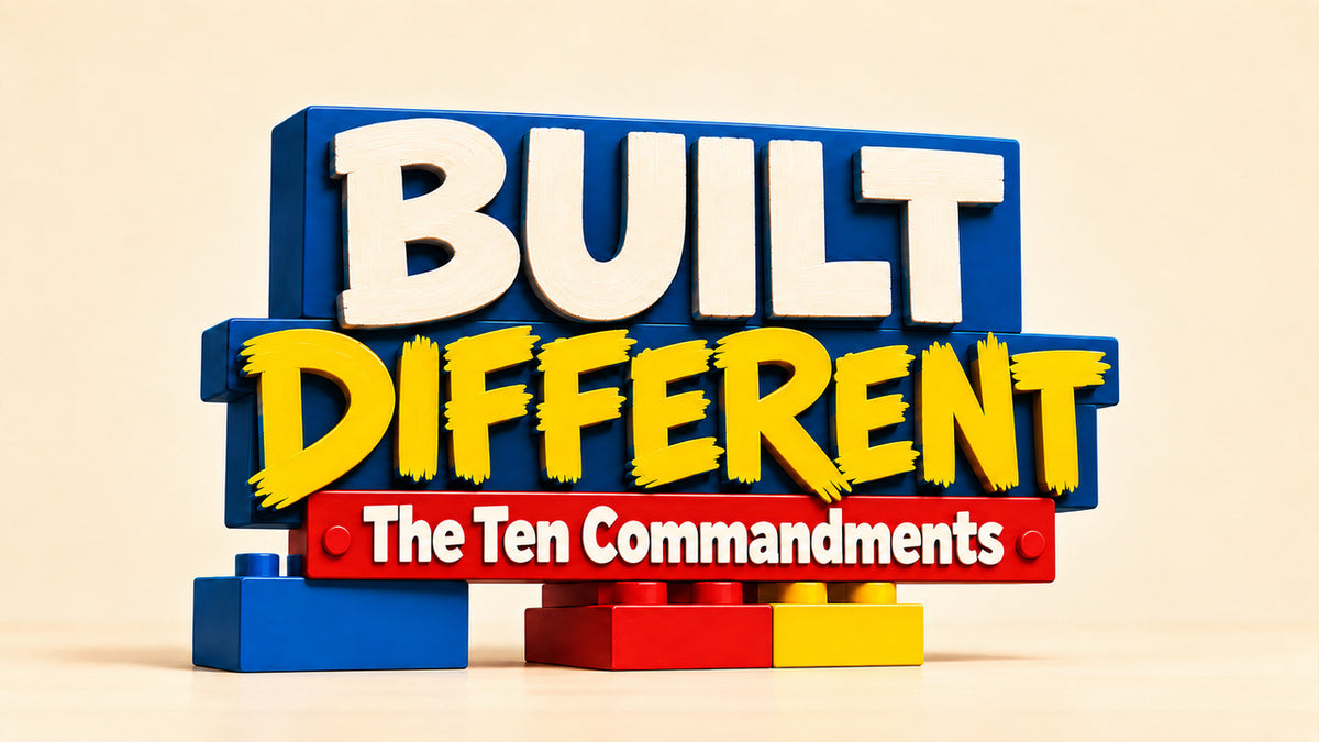 Built Different: The Ten Commandments Sunday School curriculum for kids, title graphic made of toy building bricks