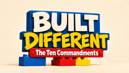 Built Different: The Ten Commandments Sunday School curriculum for kids, title graphic made of toy building bricks