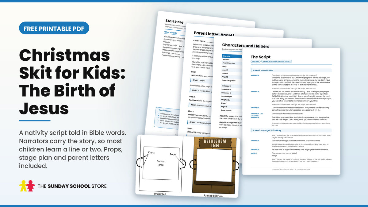 Christmas skit for kids free printable PDF: The Birth of Jesus nativity script with props, stage plan and parent letters