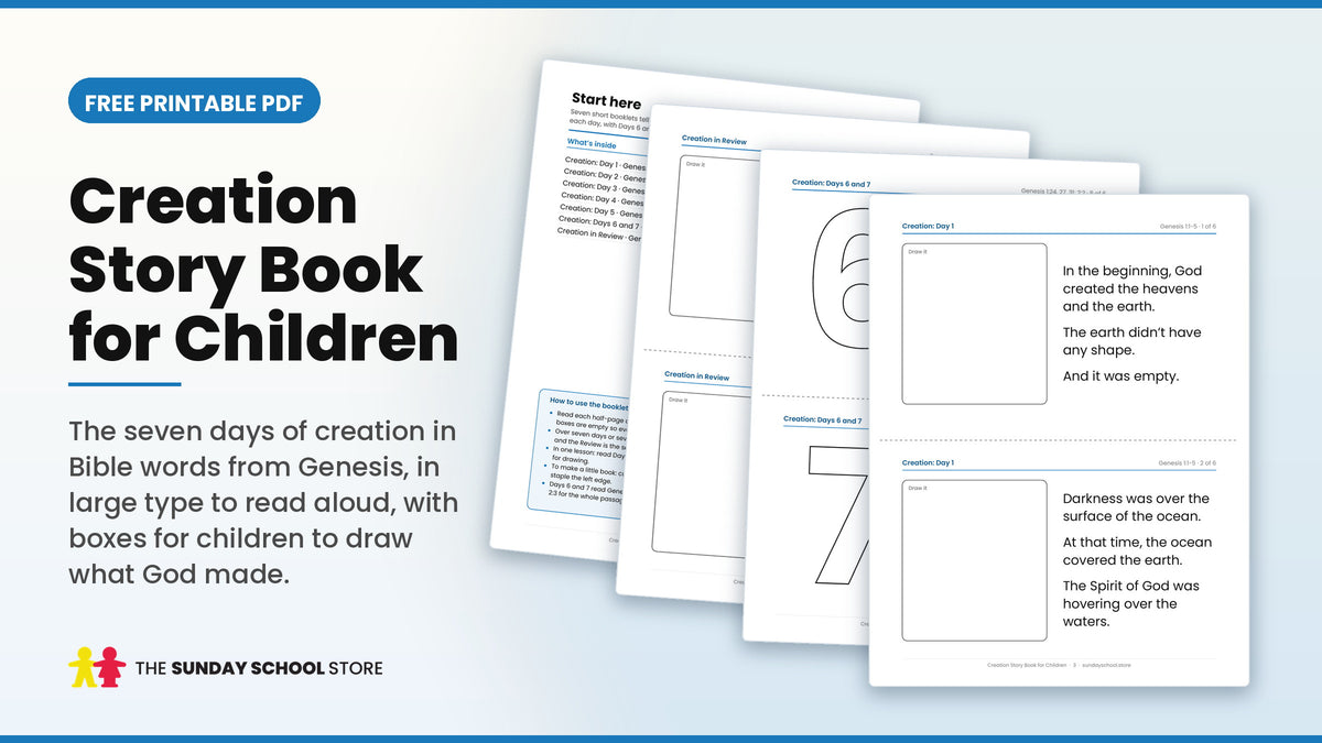 Creation story book for children free printable PDF, large-type pages from Genesis with blank boxes for children to draw each day of creation
