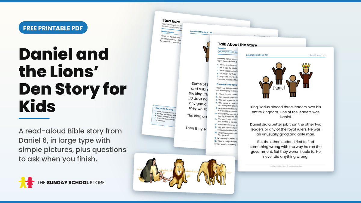 Daniel and the lions' den story for kids free printable PDF, story pages with simple pictures and a lion illustration