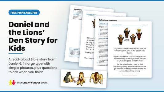Daniel and the lions' den story for kids free printable PDF, story pages with simple pictures and a lion illustration