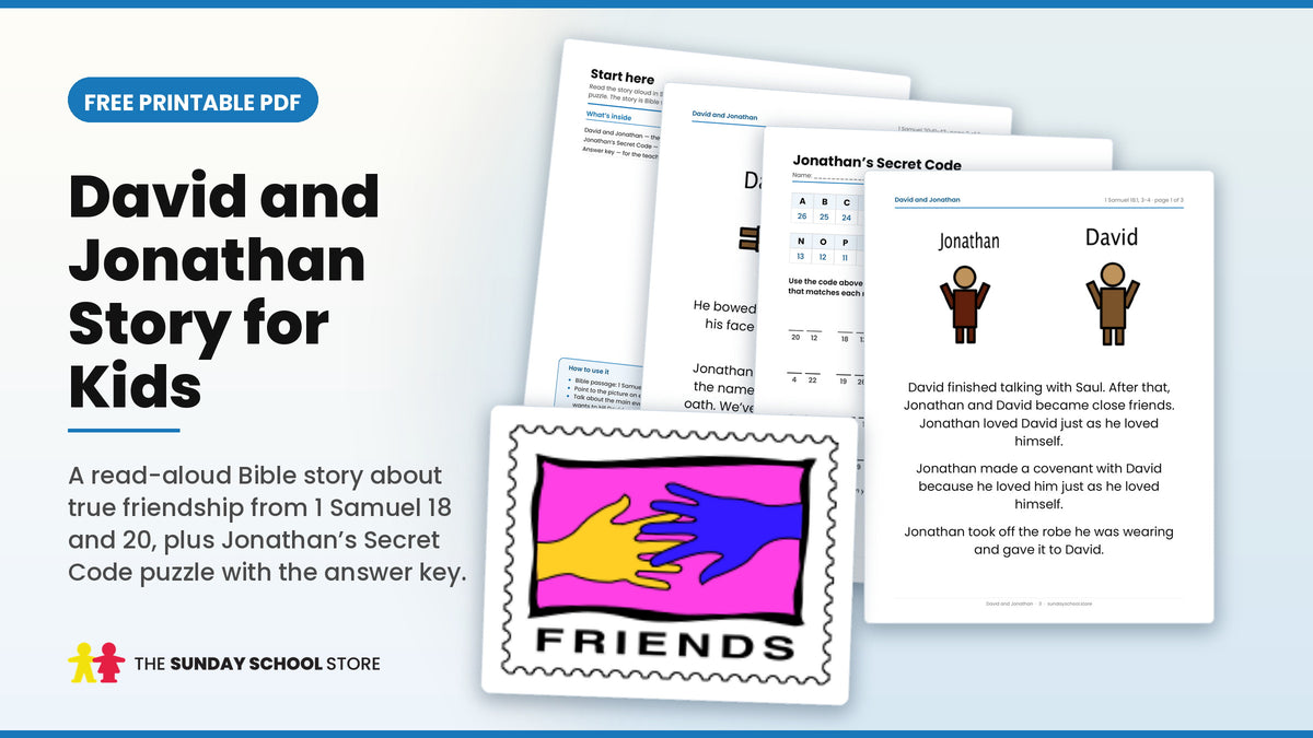 David and Jonathan story for kids free printable PDF with a friends stamp, story pages and the secret code worksheet