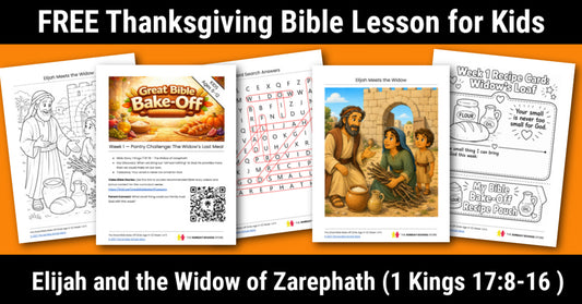 Promotional graphic for a free Thanksgiving Bible lesson for kids, showing several printable worksheet pages with Thanksgiving-themed illustrations and text. The top banner reads 'FREE Thanksgiving Bible Lesson for Kids' and the bottom banner reads 'Elijah and the Widow of Zarephath (1 Kings 17:8-16 )'.