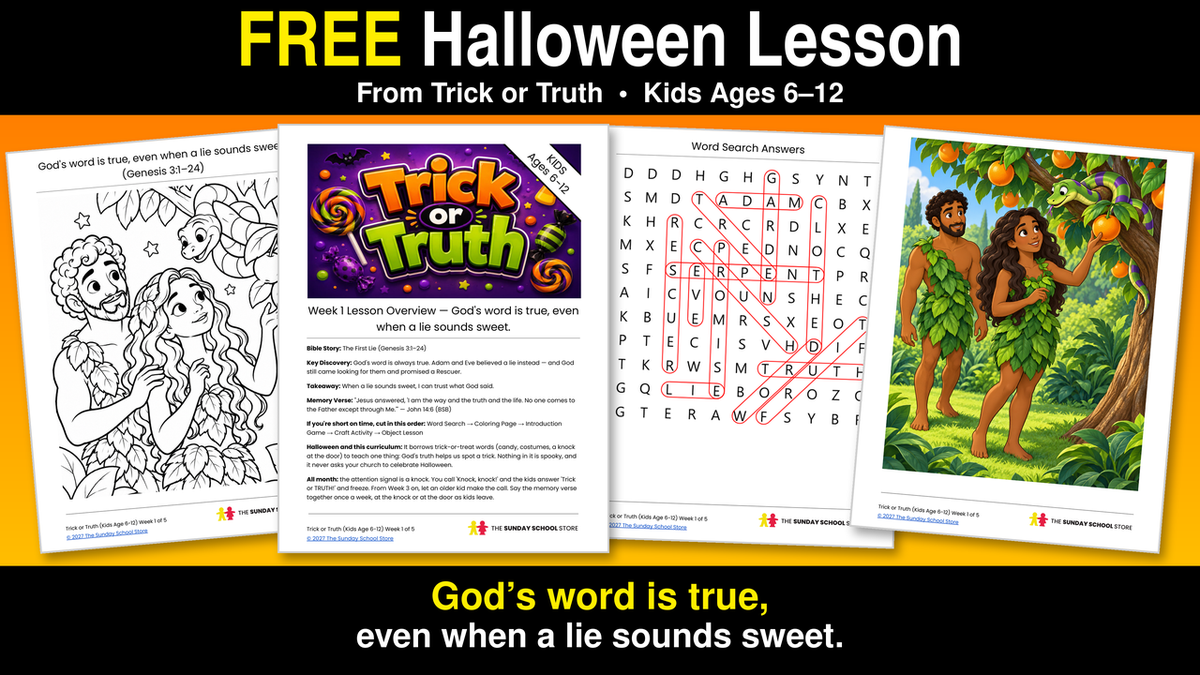 Free Halloween Sunday School lesson for kids: Trick or Truth sample lesson, Week 1, The First Lie (Genesis 3)