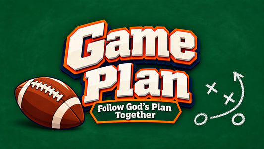 Game Plan: Follow God's Plan Together, a sports-themed Sunday School curriculum for kids, title graphic with a football and a chalkboard play