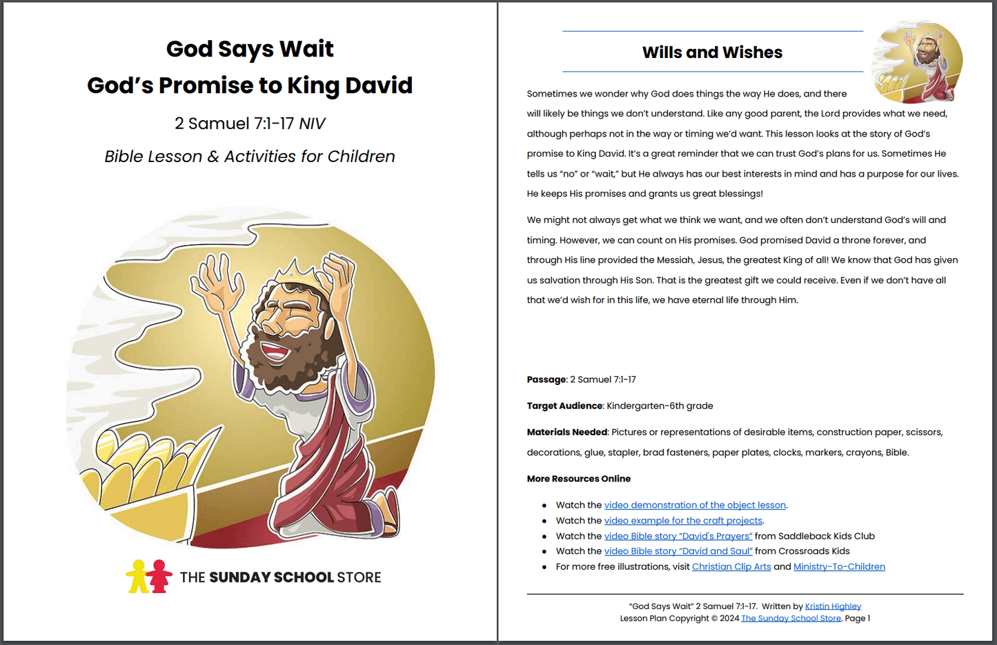 God Says Wait (2 Samuel 7:1-17) Sunday School Lesson & Activities for Kids PDF