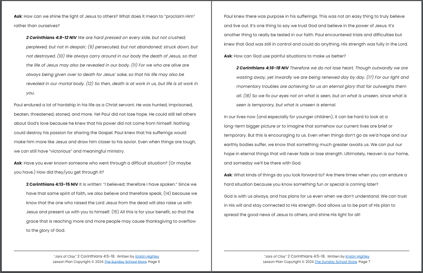 Jars of Clay (2 Corinthians 4:5-18) Sunday School Lesson & Activities for Kids PDF
