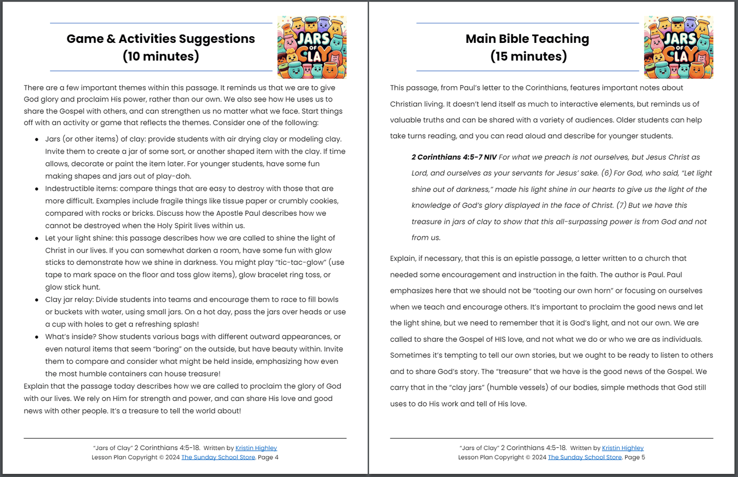 Jars of Clay (2 Corinthians 4:5-18) Sunday School Lesson & Activities for Kids PDF