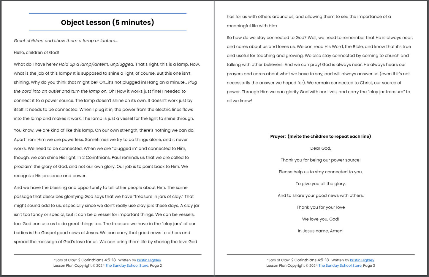 Jars of Clay (2 Corinthians 4:5-18) Sunday School Lesson & Activities for Kids PDF