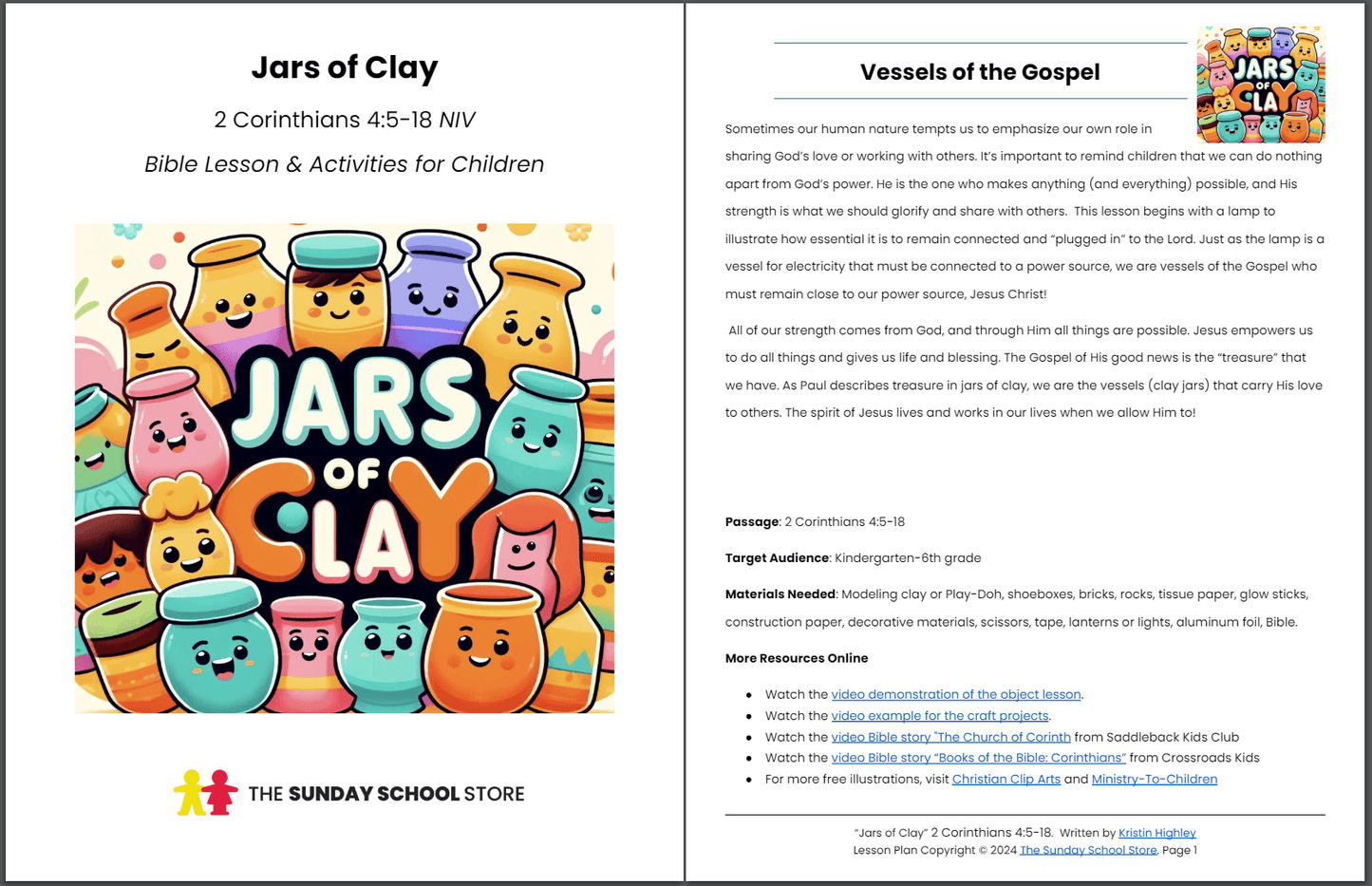 Jars of Clay (2 Corinthians 4:5-18) Sunday School Lesson & Activities for Kids PDF