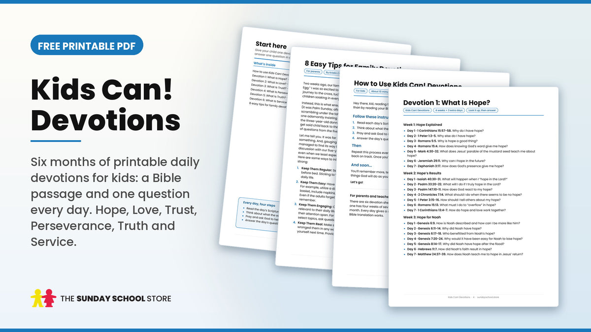 Printable devotions for kids: Kids Can! Devotions PDF pages with daily Bible readings and questions