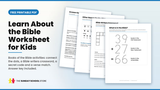 Learn about the Bible worksheet for kids: books of the Bible dot-to-dot, crossword and code pages