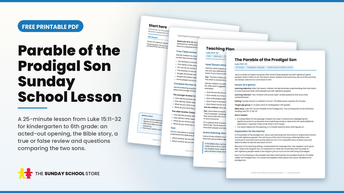 Parable of the Prodigal Son Sunday School lesson free printable PDF, showing the lesson plan and teaching pages