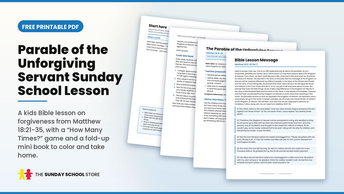 Parable of the unforgiving servant Sunday School lesson free printable PDF, lesson pages on forgiveness from Matthew 18