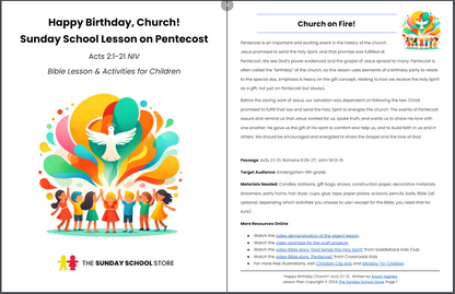 Happy Birthday Church (Acts 2:1-21) Pentecost Sunday School Lesson & Activities