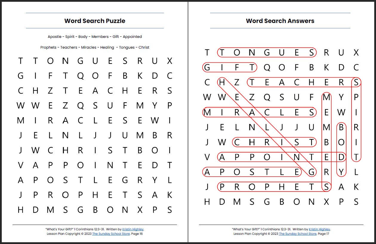 What’s Your Spiritual Gift?  (1 Corinthians 12:3-31) Printable Bible Lesson & Sunday School Activities