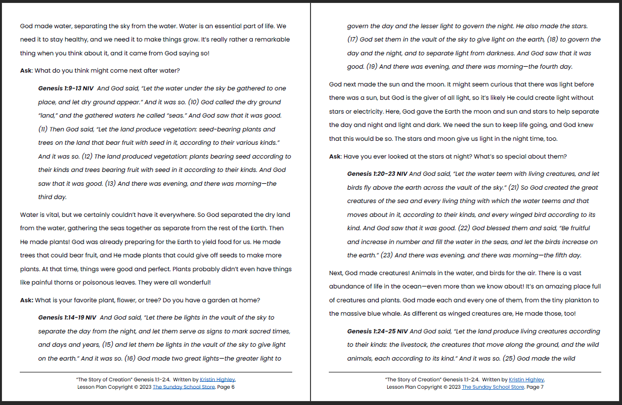 In the Beginning God Created (Genesis 1:1-2:4) Printable Bible Lesson – Sunday School Store for Free Printable Bible Study Lessons Genesis