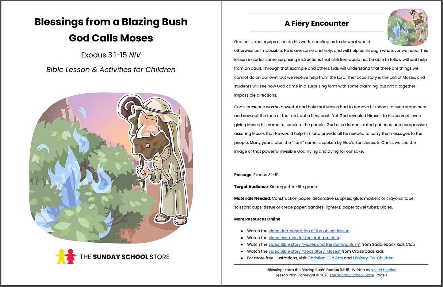 Moses and the Blazing Bush (Exodus 3:1-15) Printable Bible Lesson & Sunday School Activities