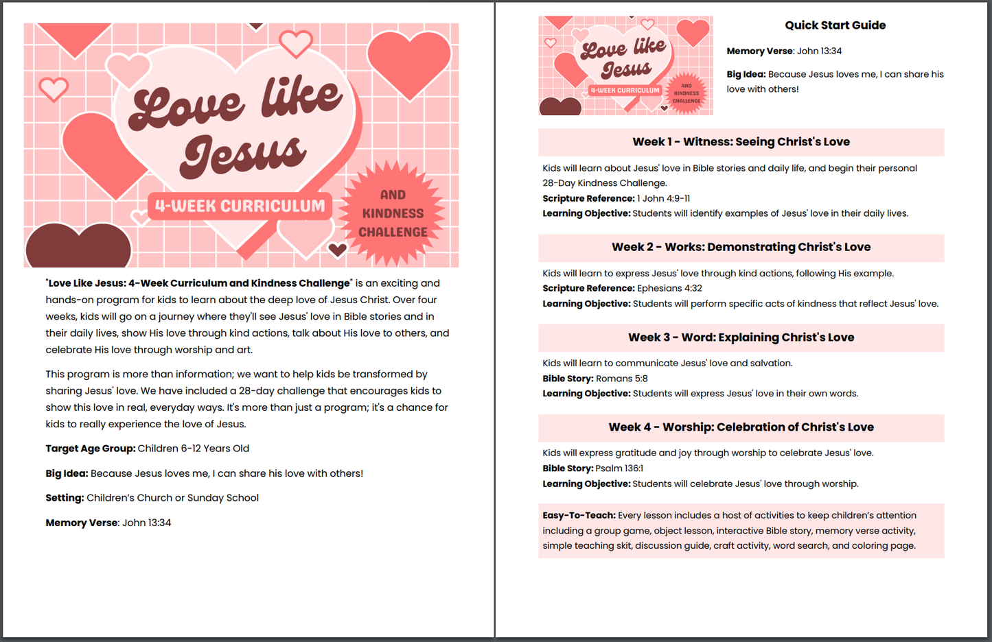 Love Like Jesus 💖 4-Lesson Sunday School Curriculum for Kids & 28-Day Kindness Challenge