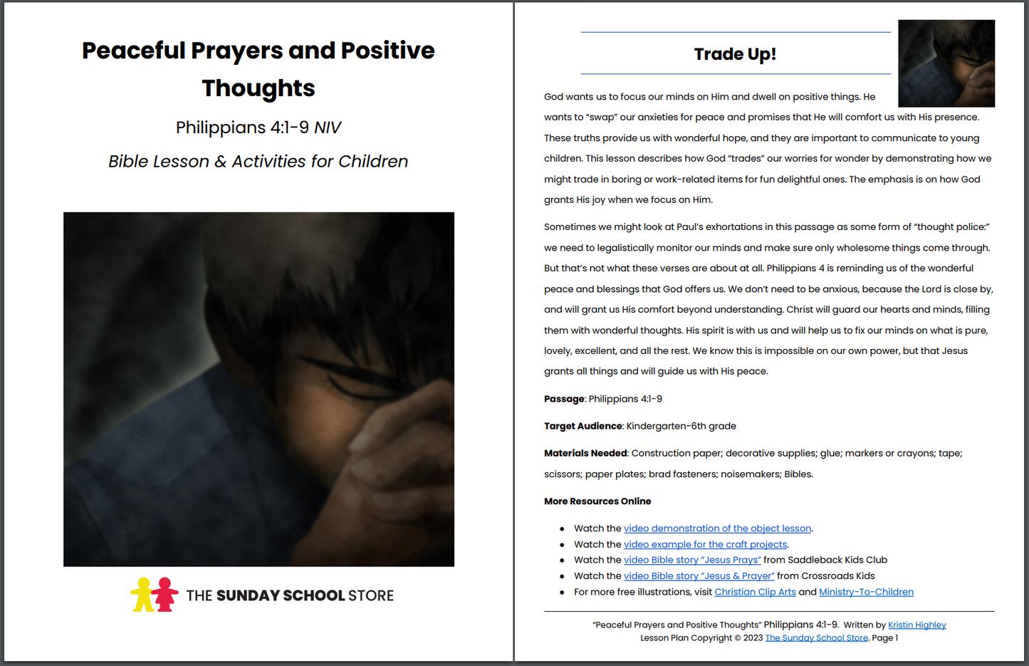 Peaceful Prayers and Positive Thoughts (Philippians 4:1-9) Printable Bible Lesson & Sunday School Activities
