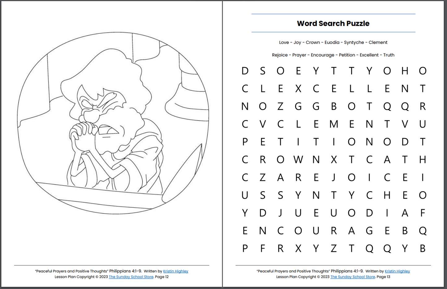 Peaceful Prayers and Positive Thoughts (Philippians 4:1-9) Printable Bible Lesson & Sunday School Activities