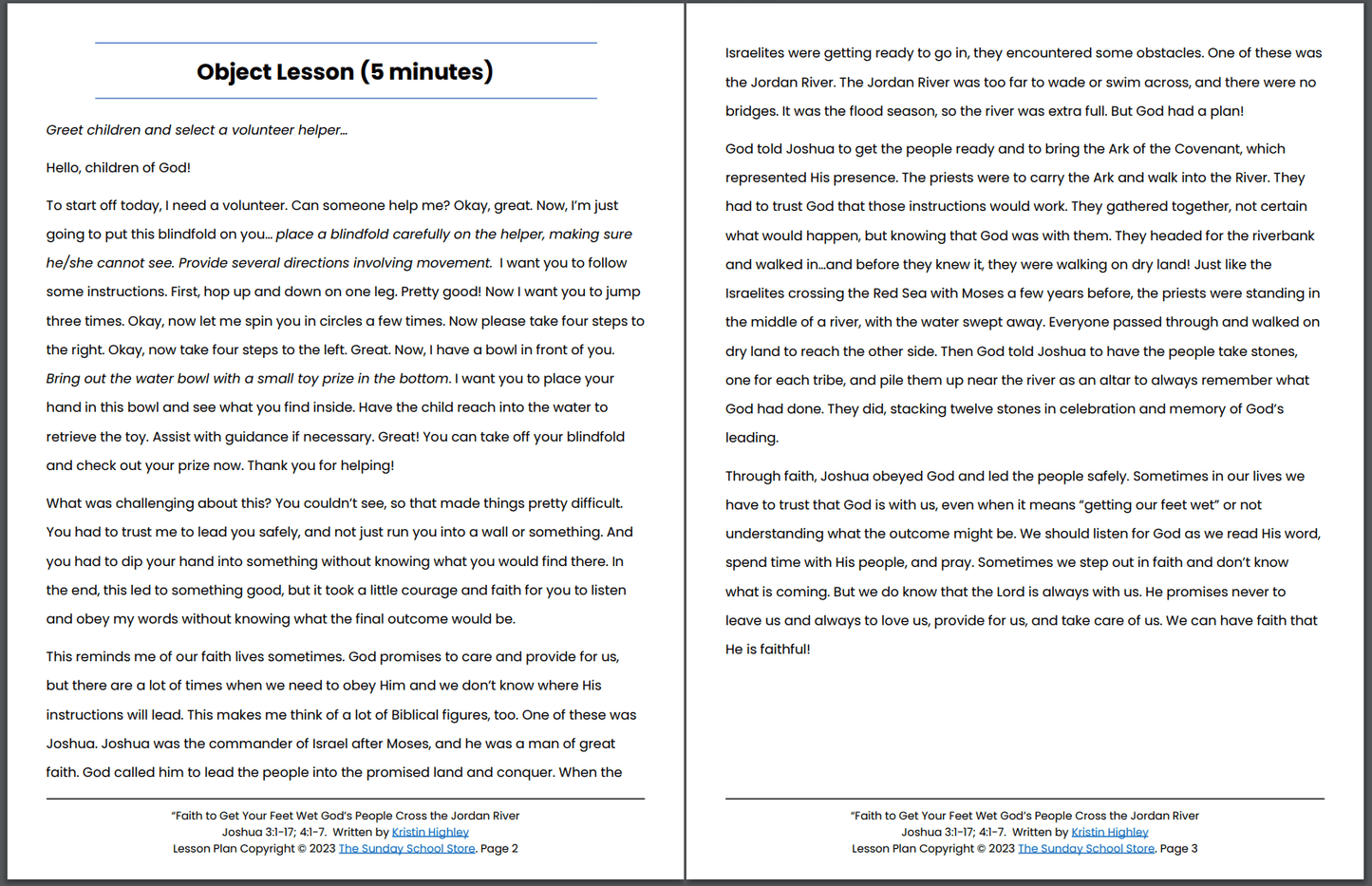 Crossing the Jordan River (Joshua 3:1-17; 4:1-7) Printable Bible Lesson & Sunday School Activities