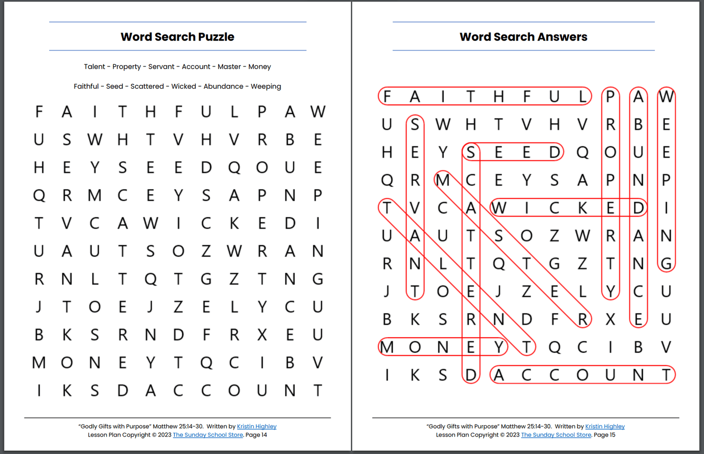 Parable of the Talents (Matthew 25:14-30) Printable Bible Lesson & Sunday School Activities