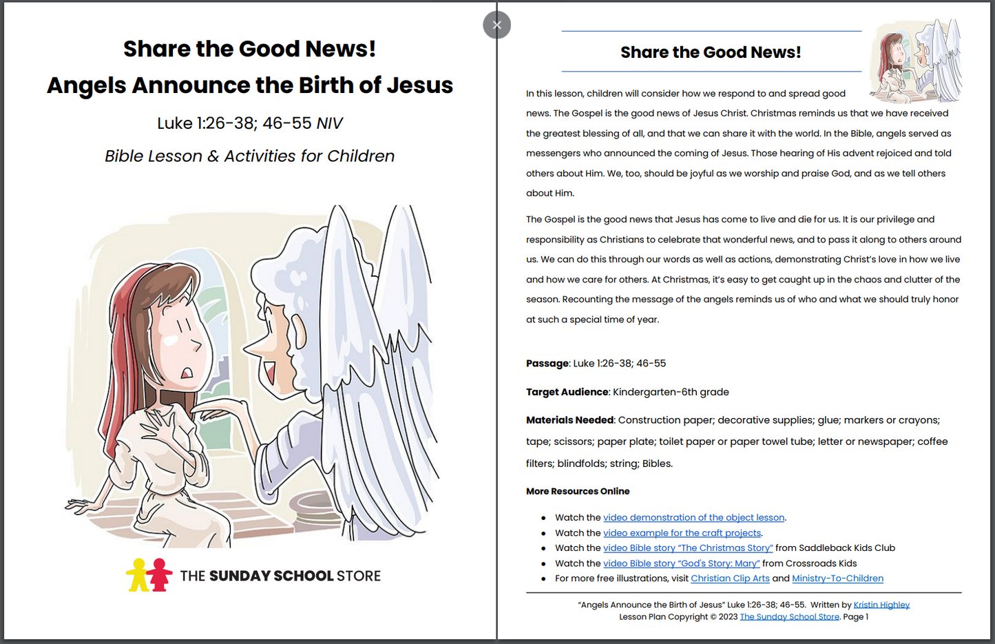 Angels Announce the Birth of Jesus (Luke 1:26-38; 46-55) Printable Bible Lesson & Sunday School Activities