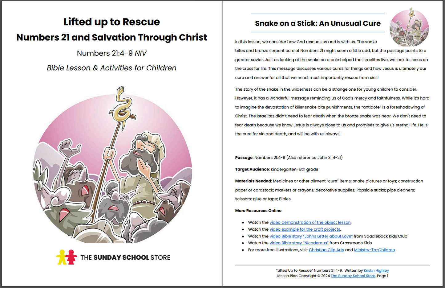 The Bronze Snake Lifted Up (Numbers 21:4-9) Printable Bible Lesson & Sunday School Activities PDF