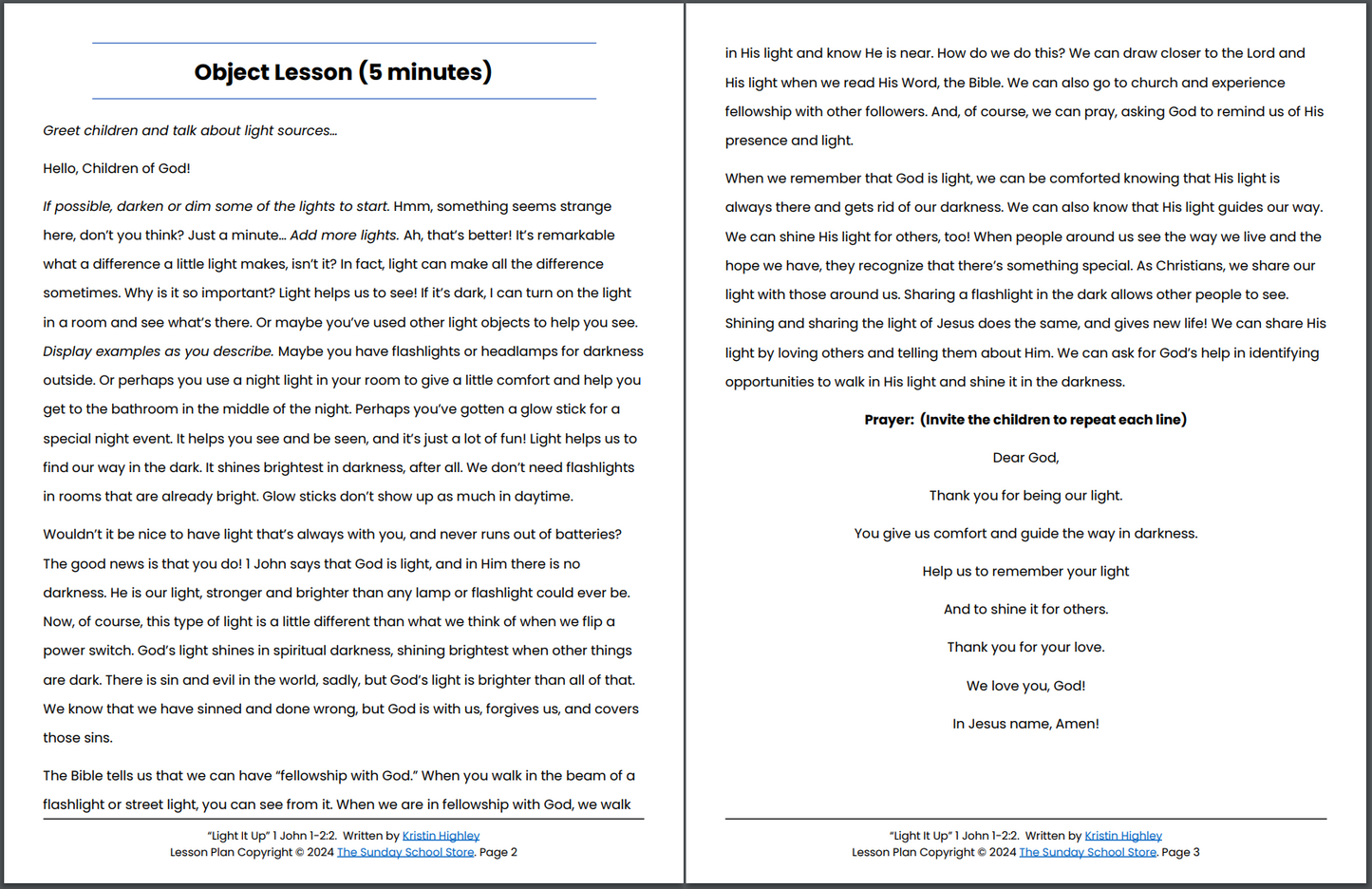 The Light of Christ (John 1:1 - 2:2) Printable Bible Lesson & Sunday School Activities PDF