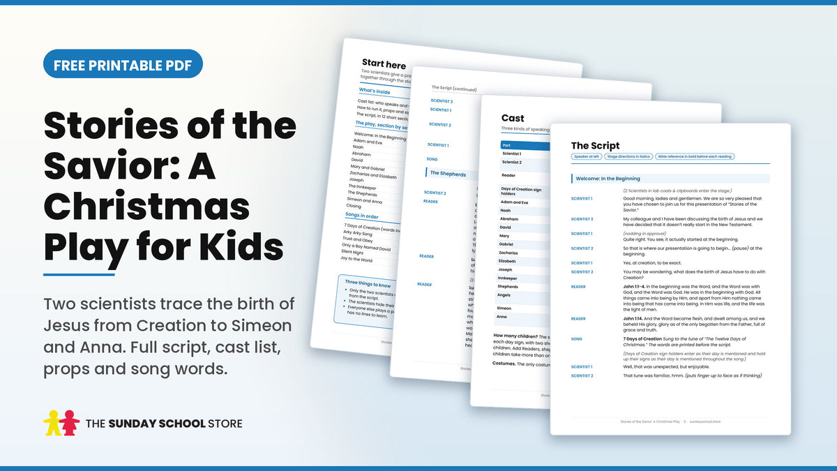 Stories of the Savior Christmas play script for kids, free printable PDF showing the cast list and script pages
