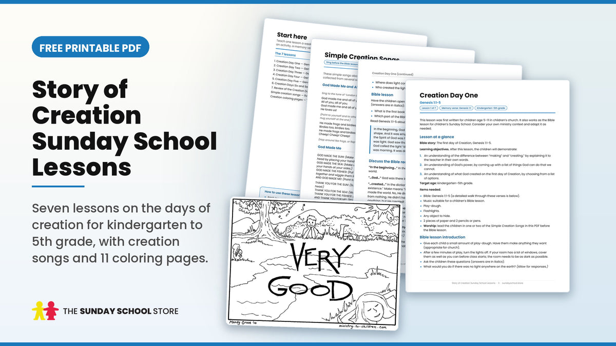 Story of creation Sunday school lessons free printable PDF: 7 lessons on the days of creation with songs and coloring pages