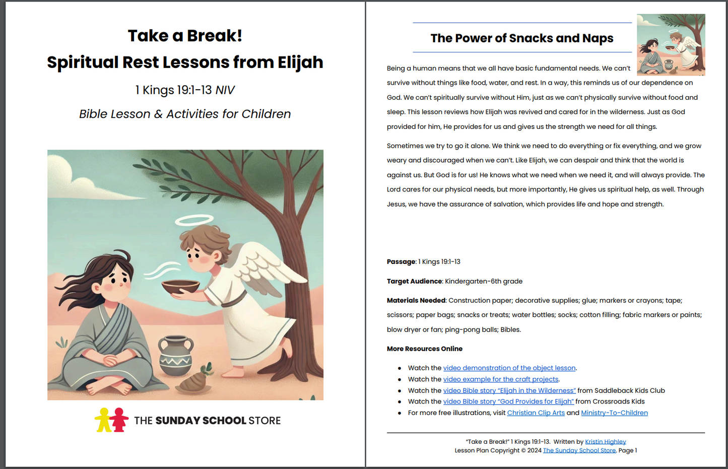 Take a Break Elijah - 1 Kings 19:1-13 Sunday School Lesson & Activities for Kids PDF