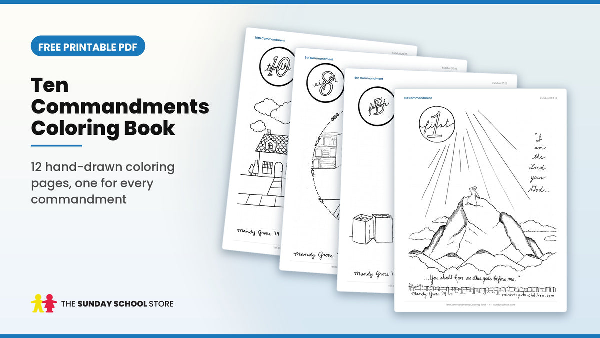 Ten Commandments coloring book pages for kids: 1st, 5th, 8th and 10th commandment coloring sheets