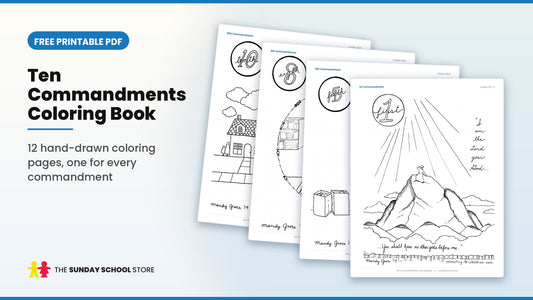 Ten Commandments coloring book pages for kids: 1st, 5th, 8th and 10th commandment coloring sheets