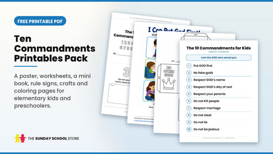 Ten Commandments printables pack for kids: 10 Commandments poster, cube craft, preschool activity page and mini book