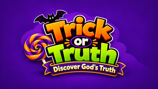 Trick or Truth: Discover God's Truth, a Sunday School curriculum for kids, title graphic with a lollipop and a bat