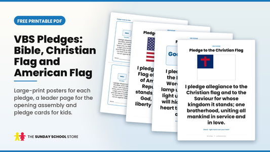VBS pledges printable: pledge to the Bible, Christian flag and American flag posters and pledge cards for kids