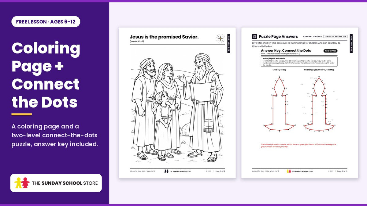 Advent for Kids free lesson: Jesus is the promised Savior coloring page and the connect-the-dots answer key (a candle, the great light of Isaiah 9).