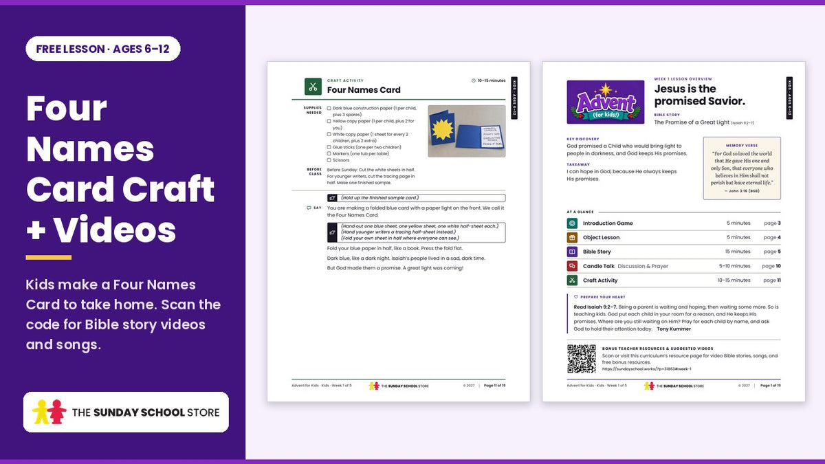 Advent for Kids free lesson: the Four Names Card craft page and the Week 1 lesson overview with a QR code to Bible story videos and songs.