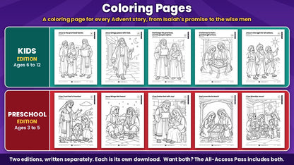 Advent for Kids coloring pages for all 5 weeks, from Isaiah's promise to the wise men, Kids edition (ages 6 to 12) and Preschool edition (ages 3 to 5)
