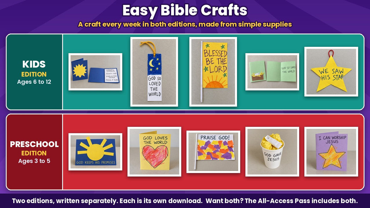 Advent for Kids finished craft photos for all 5 weeks, Kids edition (ages 6 to 12) and Preschool edition (ages 3 to 5)