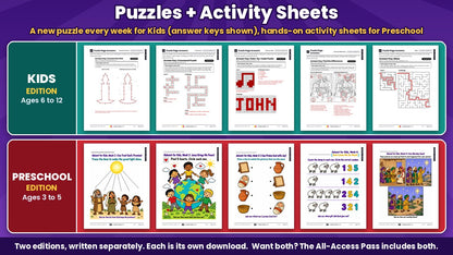 Advent for Kids puzzle pages with answer keys for Kids (ages 6 to 12) and printable activity sheets for Preschool (ages 3 to 5), all 5 weeks