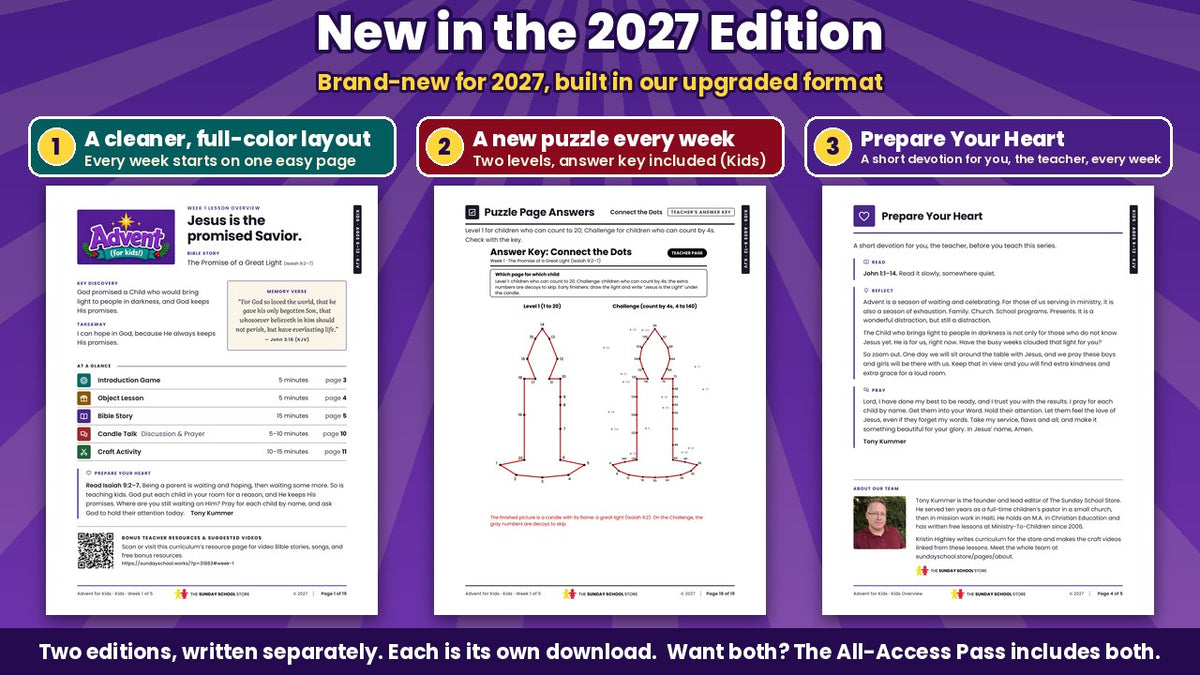 New in the Advent for Kids 2027 Edition: the full-color Week 1 lesson overview page, a puzzle answer key with two levels, and the Prepare Your Heart teacher devotion, from the Kids edition (ages 6 to 12), King James Version