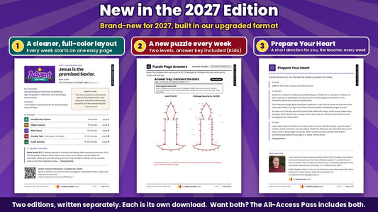 New in the Advent for Kids 2027 Edition: the full-color Week 1 lesson overview page, a puzzle answer key with two levels, and the Prepare Your Heart teacher devotion, from the Kids edition (ages 6 to 12), King James Version