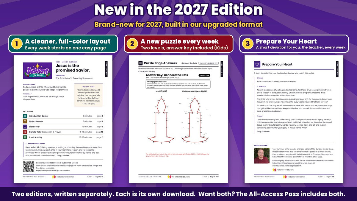 New in the Advent for Kids 2027 Edition: the full-color Week 1 lesson overview page, a puzzle answer key with two levels, and the Prepare Your Heart teacher devotion, from the Kids edition (ages 6 to 12)