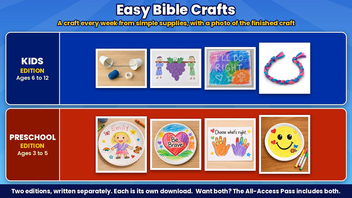 Finished Bible crafts from the All Stars 4-week Sunday school curriculum, Kids edition (ages 6 to 12) and Preschool edition (ages 3 to 5)